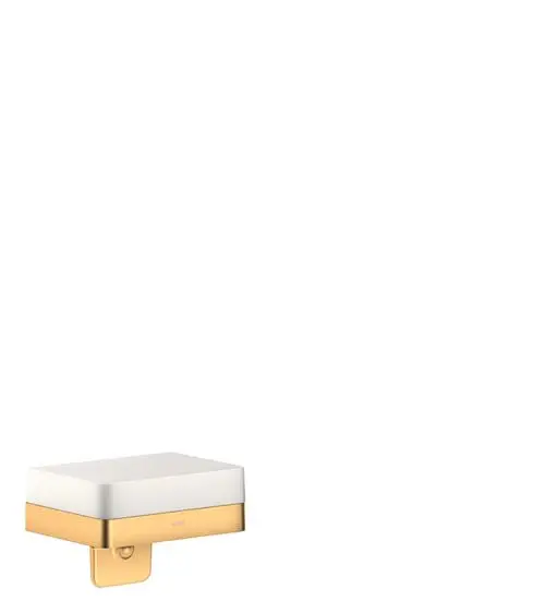 Lotionspender mit Ablage in gebürstetem Messing von AXOR. Flache, rechteckige Form mit weißer Oberseite und goldfarbenem Rahmen. Montagemöglichkeit an der Wand.